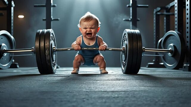 Funny Baby Attempting to Lift Heavy Barbell in Gym Surrounded by Weightlifting Equipment Under Dramatic Lighting

