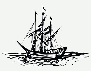 Vector landscape. Sketch of a fishing boat