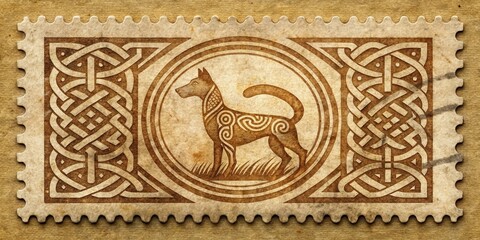 An Antique Postage Stamp Featuring a Canine with Celtic Knotwork