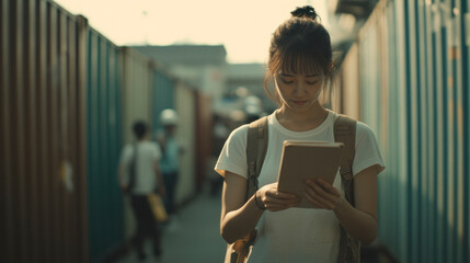 Asian woman with tablet in shipping container yard