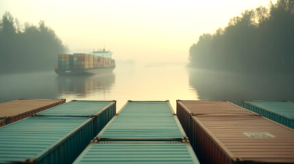 Cargo ship and containers on river at sunrise in fog