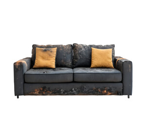 Obraz premium Burned Sofa Set with Charred Cushions on White Background, Damaged Furniture, Fire Damage