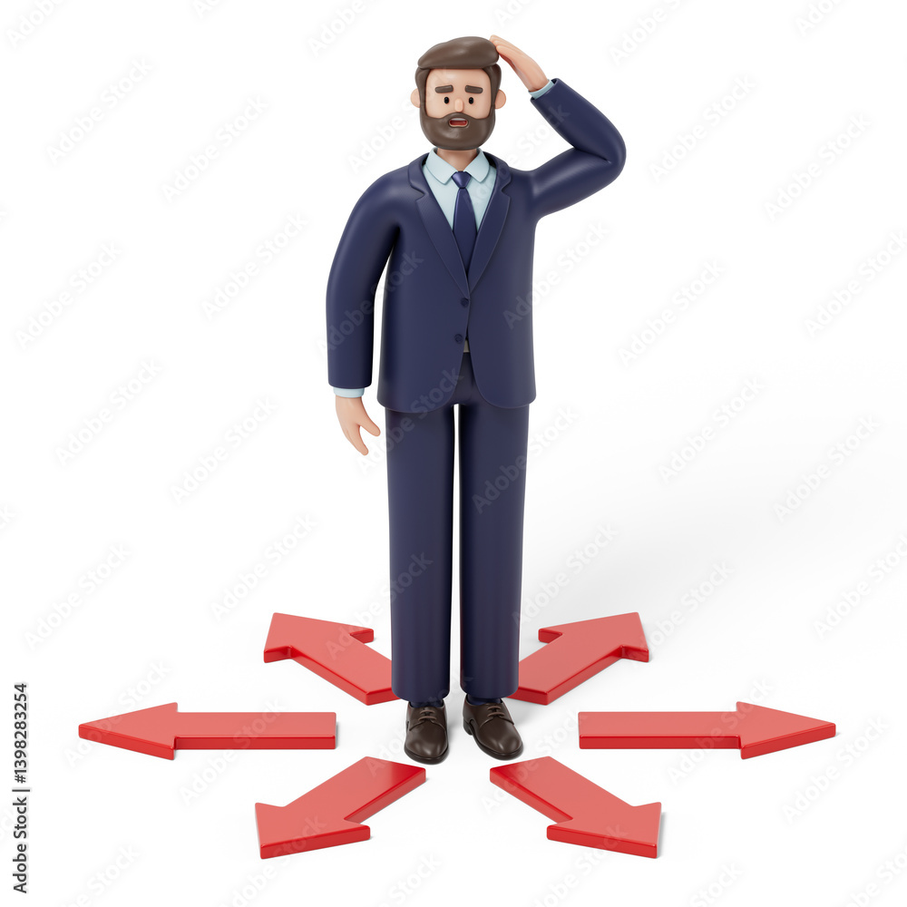 Poster man surrounded by arrows, symbolizing decision-making or choices. 3d rendering, conceptual image. is