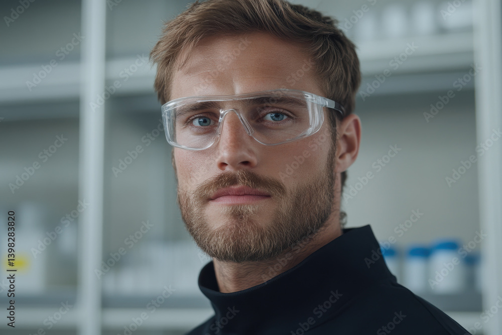 Poster a man with glasses is standing in front of a shelf of bottles