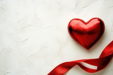 Shiny red heart and ribbon on a textured white surface, top right corner