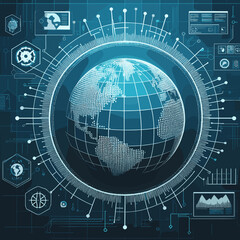 Futuristic illustration of a globe surrounded by digital technology elements and data visuals