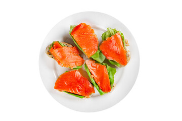 Salmon sandwich red fish seafood appetizer dish fresh tasty gourmet food background on table rustic food top view copy space pescetarian diet