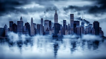 Mysterious Foggy Metropolis Skyline at Dawn Dramatic Cityscape New York City Inspired