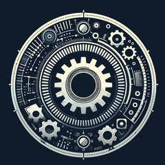 Obraz premium Stylized illustration of a gear surrounded by mechanical elements in a circular design