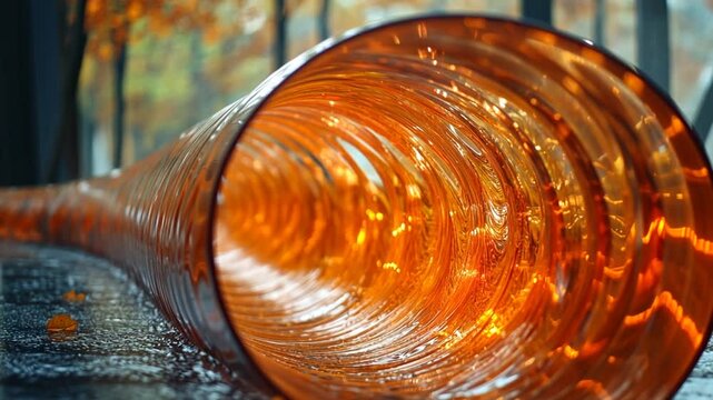 A vibrant orange tube spirals through a serene autumn forest, reflecting warm sunlight