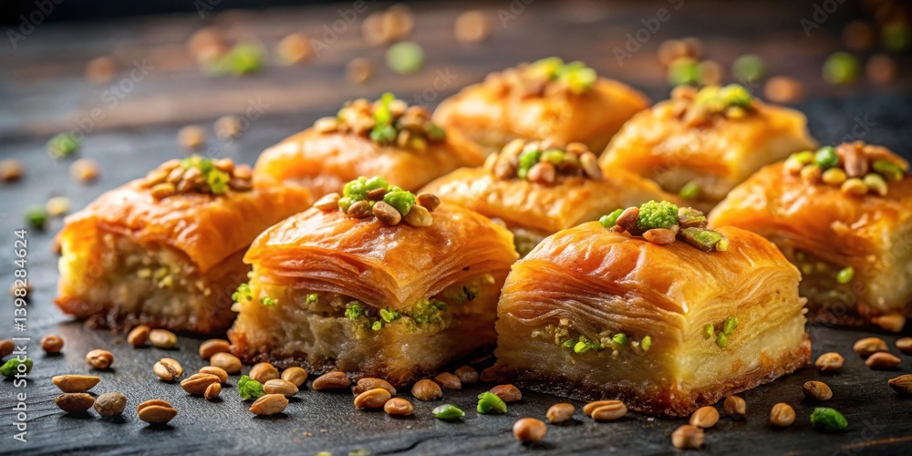 Poster aromatic layers of sweet pastry, generously topped with pistachios and nuts, create a delectable and
