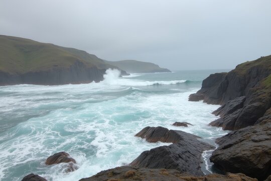 Waves crash on rocky coast under cloudy sky - Powered by Adobe