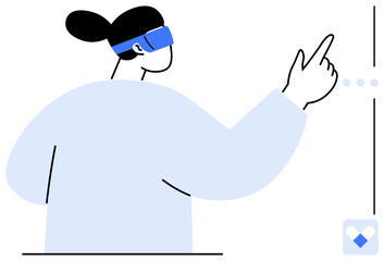 Woman engaging with an interactive interface while wearing a VR headset, gesturing to control elements. Ideal for technology, innovation, future, virtual reality, interaction, gaming, exploration