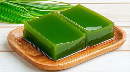 Vibrant Green Gelatin Dessert on Wooden Dish