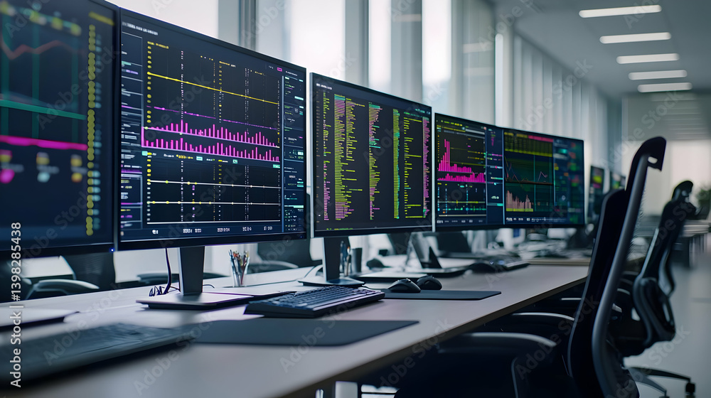 Poster modern computer workstations filled with illuminated screens displaying data charts