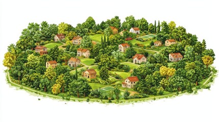 Serene, illustrated village nestled in landscape; perfect for book cover or presentation