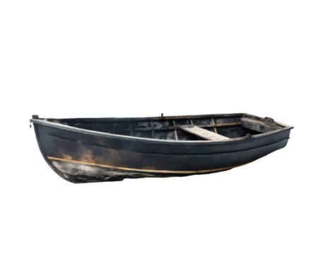 Charred Boat Drifting on White Background, Fire Damaged Vessel, Floating Wreckage
