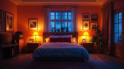 Cozy bedroom at twilight, warm lighting, framed art, plants