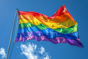 Pride rainbow flag waving in blue sky with soft clouds