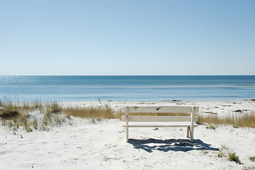 A weathered white bench on a pristine beach overlooking the calm ocean.
