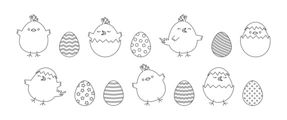 Easter chick and egg linear icon, cartoon children bird, cute chicken hatch, spring little character black outline design isolated on white background. Fun holiday decor element. Vector illustration © Sylfida