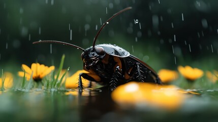 An intimate shot of a cockroach perched on bright yellow flowers amidst raindrops, creating a vivid scene that contrasts beauty with nature’s darker sides.