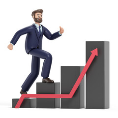 Man climbing a bar graph, symbolizing growth or success in business. 3D rendering, conceptual image. Isolated on white background.