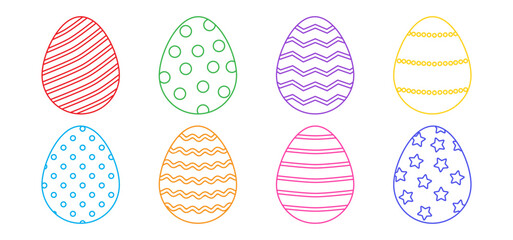 Easter egg linear icon, cartoon colorful set isolated on white background. Spring cute decor element outline design, holiday eggs hunt. Vector illustration