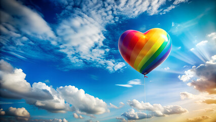 Fototapeta premium Rainbow Heart Balloon Floating in Sky – Illustration Uplifting LGBTQ+ Symbol with Sunlit Colors & Soft Clouds, Minimalist Design with Copy Space