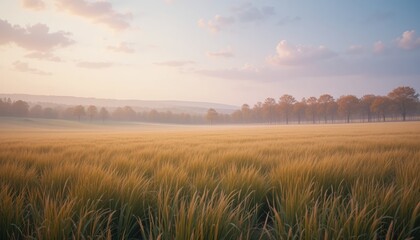 Golden sunrise over serene wheat field rural landscape photography tranquil environment wide angle view nature's beauty