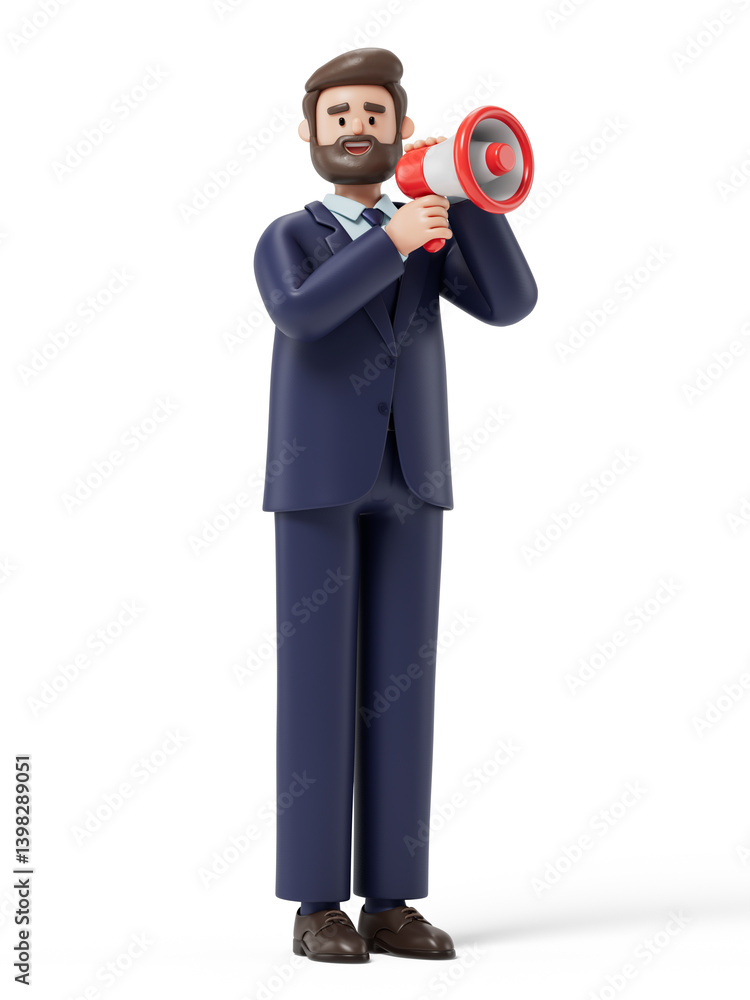 Poster man with a megaphone, symbolizing announcement or spreading information. 3d rendering, conceptual im