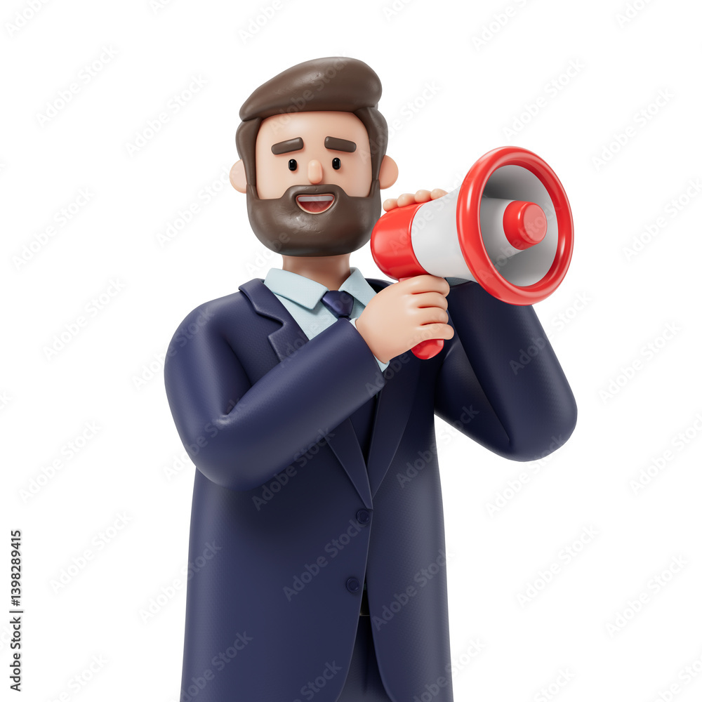 Poster man with a megaphone, symbolizing announcement or spreading information. 3d rendering, conceptual im