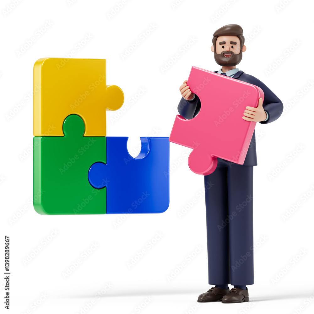 Poster man holding a puzzle piece, symbolizing problem-solving or teamwork. 3d rendering, conceptual image.