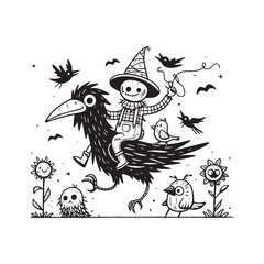 Cute black and white drawing of a scarecrow riding a large bird, surrounded by flowers and flying birds.