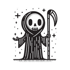Black and white illustration of a cheerful Grim Reaper holding a scythe, surrounded by sparkling stars.