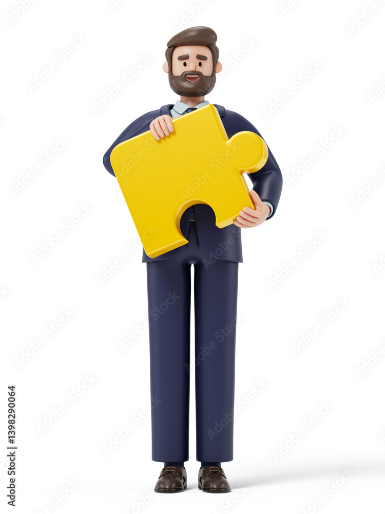 Poster man holding a puzzle piece, symbolizing finding solutions or completing tasks. 3d rendering, concept