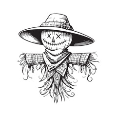 Detailed black and white illustration of a scarecrow with X's for eyes, a scarf, and a hat adorned with a flower.