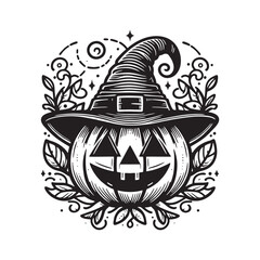  A detailed black and white illustration of a smiling Halloween pumpkin with a witch hat surrounded by decorative leaves.