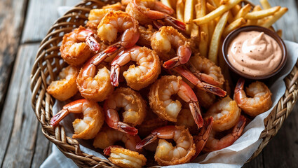 Fototapeta premium Crispy golden-brown shrimp, a delectable seafood feast served with crispy fries and creamy sauce, a tempting culinary delight in a rustic wicker basket.