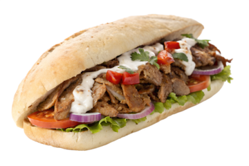 A doner kebab sandwich with meat, vegetables, and sauce, presented on a transparent background.