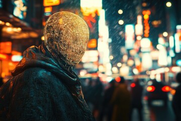 Obraz premium A futuristic figure with a glowing head stands in a rainy, neon-lit city.