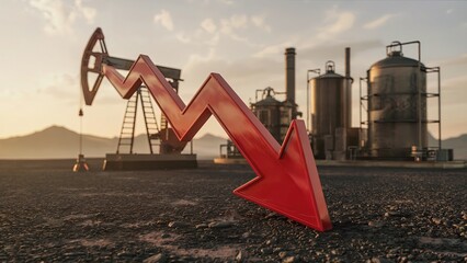 Red arrow pointing down in front of an oil pump jack and refinery, symbolizing falling oil prices.