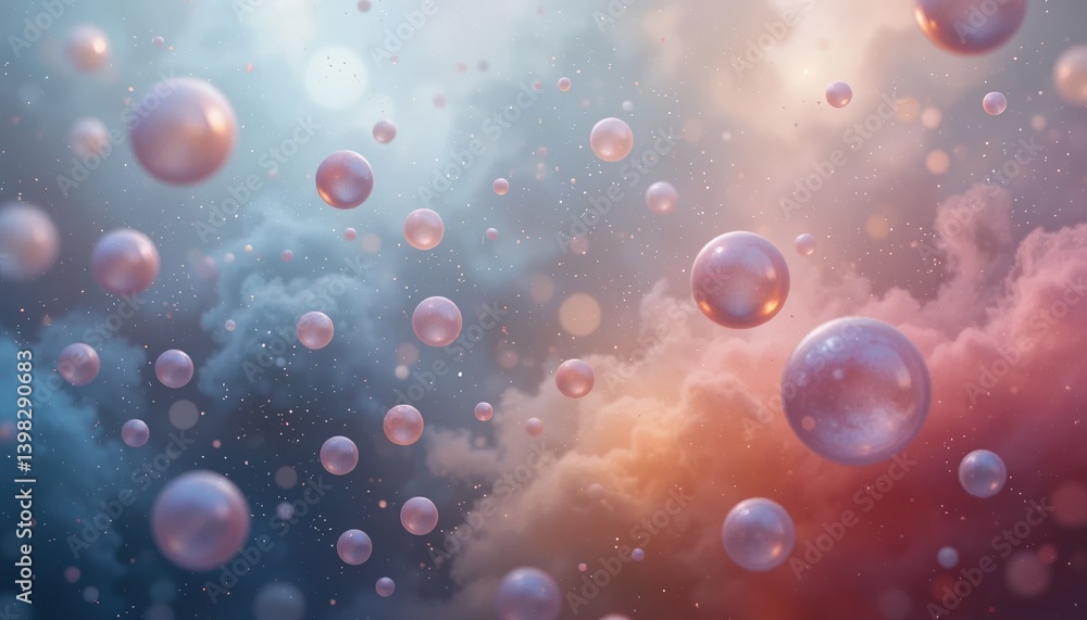 Poster floating pearls and ethereal clouds abstract background digital artwork soft colors aerial perspecti