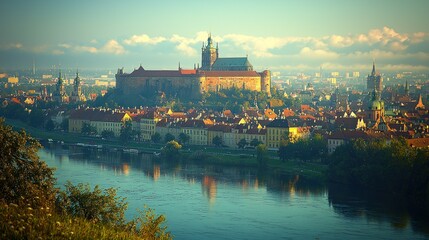 Fototapeta premium Majestic Wroclaw Castle Overlooking the Oder River at Dawn