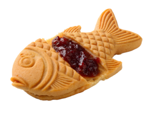 A fish-shaped taiyaki pastry filled with red bean paste, presented on a transparent background.