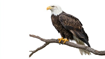 Obraz premium Bald eagle perched on a branch isolated on a white background