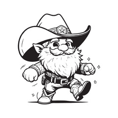 Fun black and white drawing of a gnome dressed as a cowboy, walking with a cheerful expression.