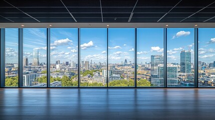 Naklejka premium Panoramic view of a city skyline through large modern windows