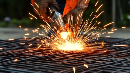 Welders Torch Sparks Ignite Metal Mesh Construction Site Industrial Closeup