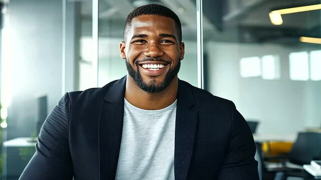 Bright and airy office scene with a confident, smiling man in a casual t-shirt and blazer sitting on a high stool, recording a professional video testimonial in front of a glass pa